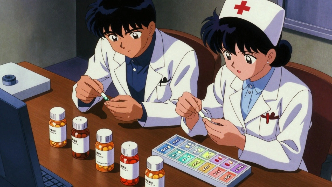 Doctor and nurse examining pill bottles and a pill organizer on a desk.