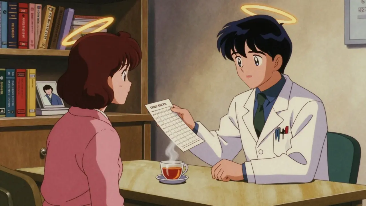 Doctor and patient sharing a taper plan at a clinic table, warm lighting, trust and care in their expressions.