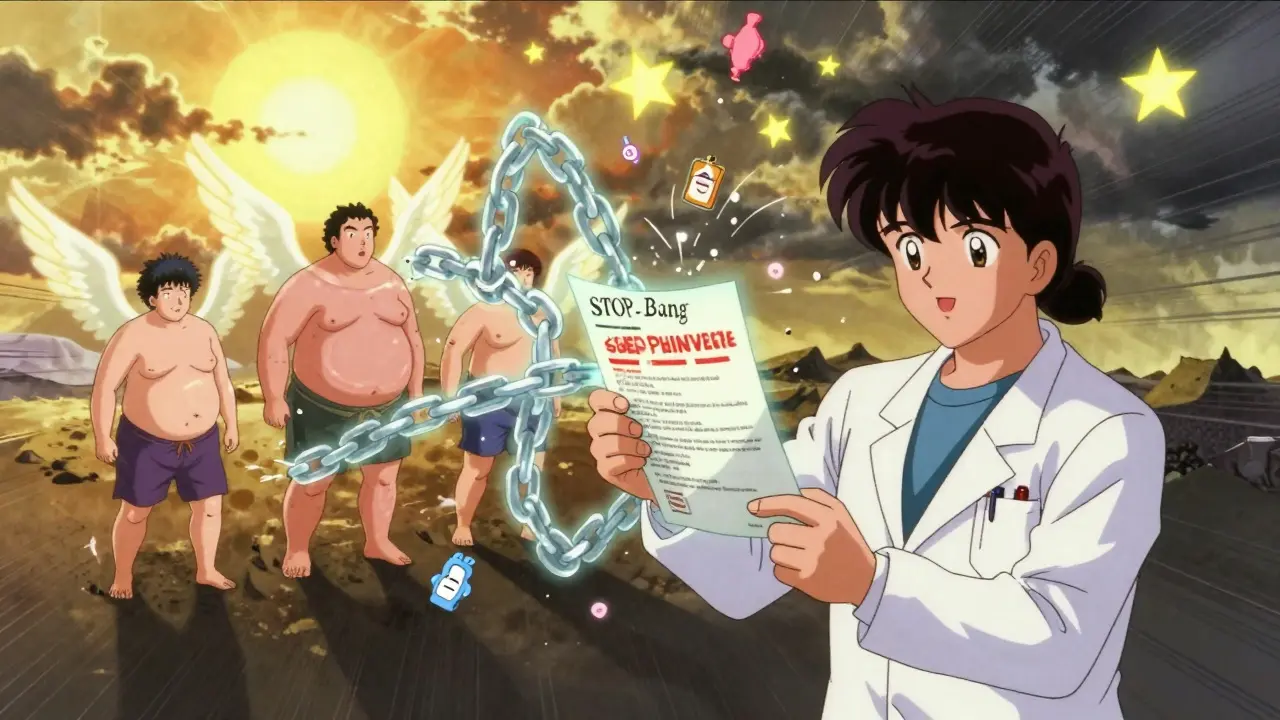 Doctor breaking chains of obesity comorbidities as patients rise into light, sunrise in background.