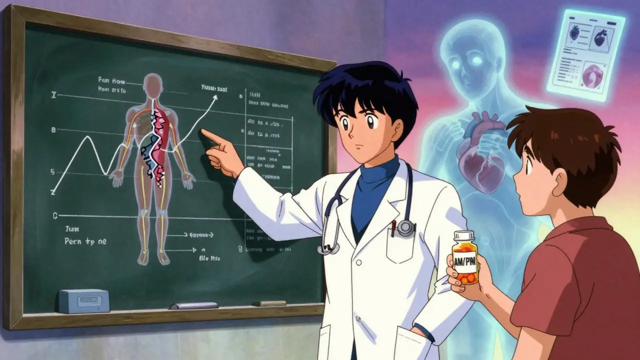 Doctor explains medication timing to confused patient with glowing medical diagrams.