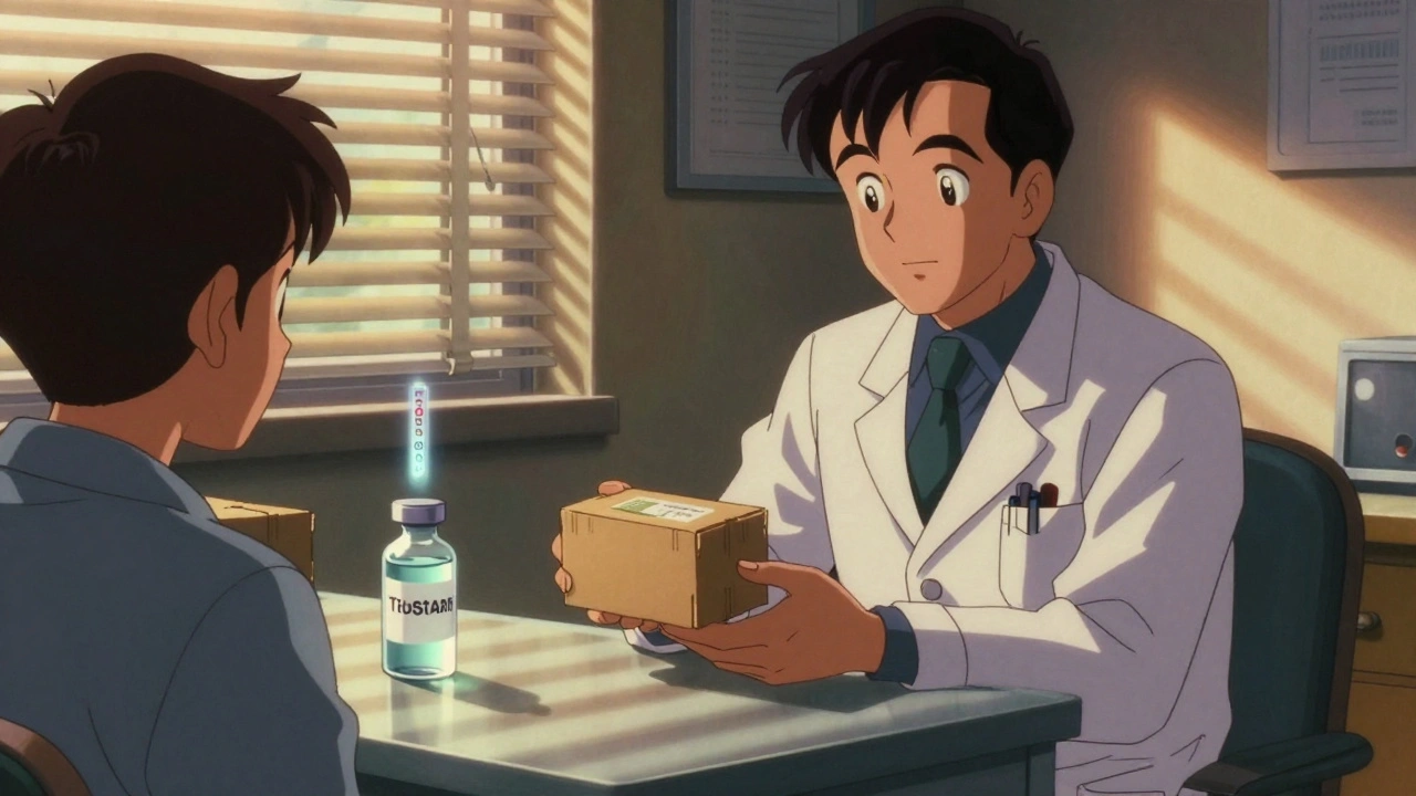 Doctor handing a patient a sample box in sunlit office, holographic expiration date floating above.