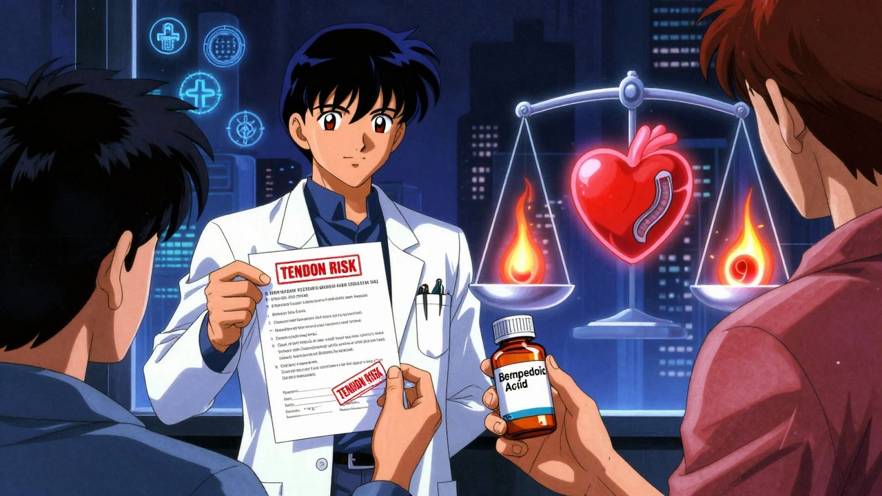 Doctor showing blood test with high uric acid as patient holds pill bottle, heart vs tendon scale in background.