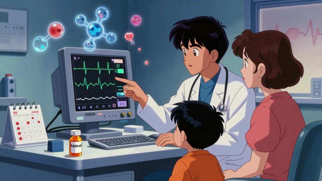 Doctor showing ECG monitor to child and parent, with floating dopamine and heart icons in anime style.