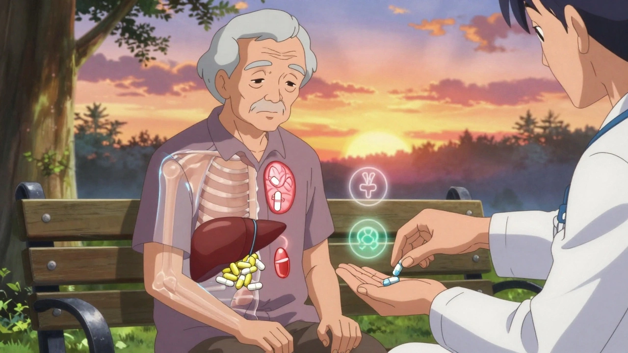 Elderly patient with translucent statin pathways in body, doctor offering pill, sunset background in 80s anime style.