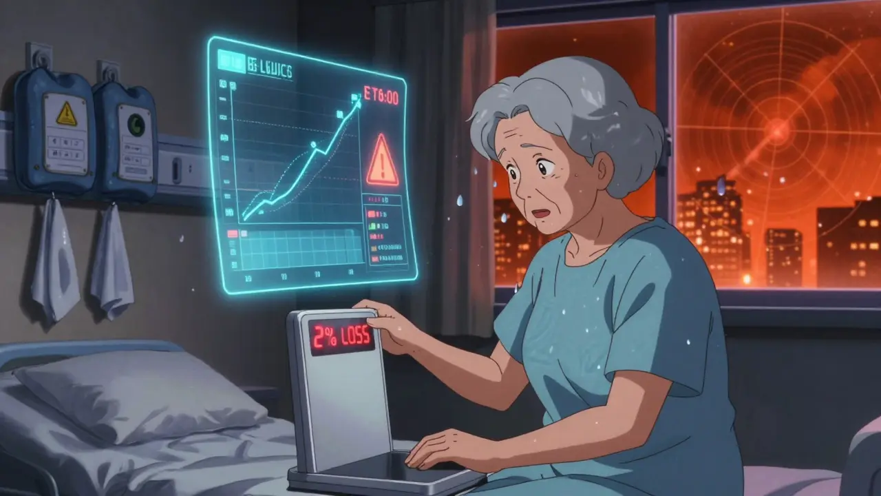 Elderly woman checking weight with rising lithium levels and heat warning, cooling gear on wall, 80s anime style.