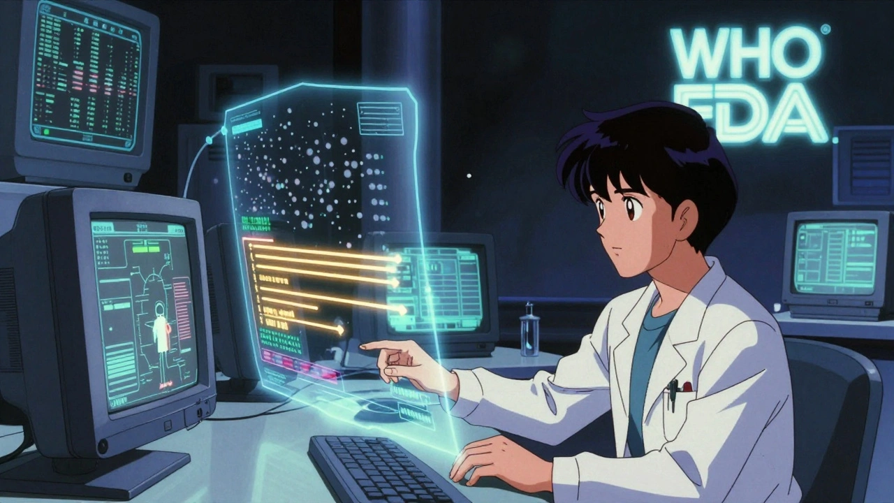 Futuristic medical console with AI filtering symptoms, glowing data streams.