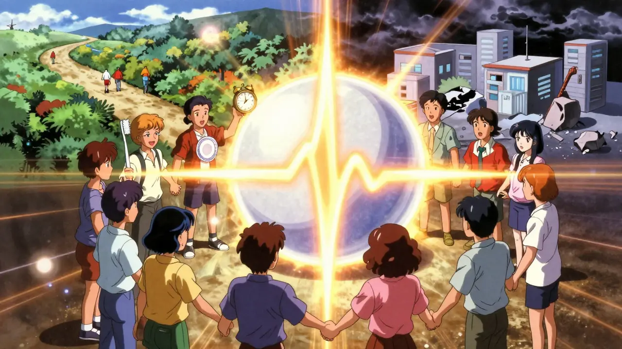 Group holds glowing pill as healthy and sick life paths split behind them.