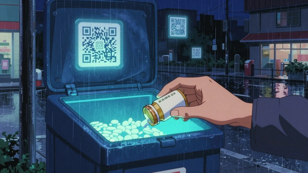 Hand placing expired pill bottle into glowing drug take-back bin at night, QR codes floating in background.