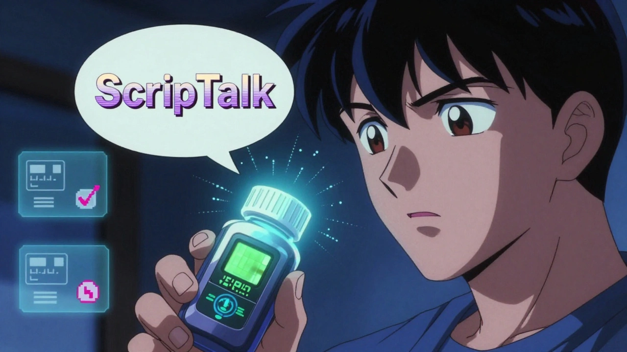 Handheld device emitting glowing waves over a pill bottle, digital voice bubbles appearing nearby.