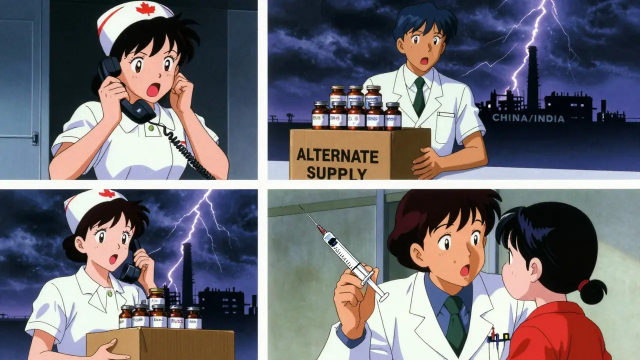 Hospital staff working desperately to find alternative supplies amid a stormy night, with a foreign supplier box visible.