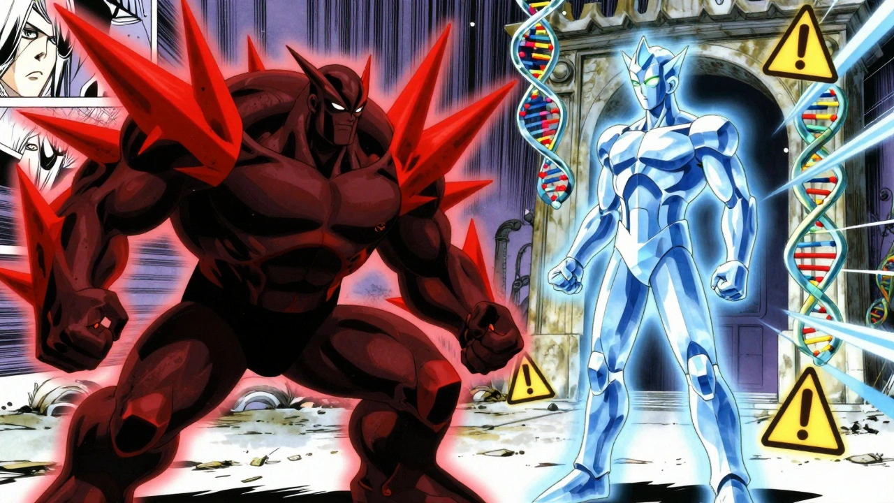 Lipophilic and hydrophilic statins in battle inside the body, with glowing energy and medical symbols in 80s anime style.