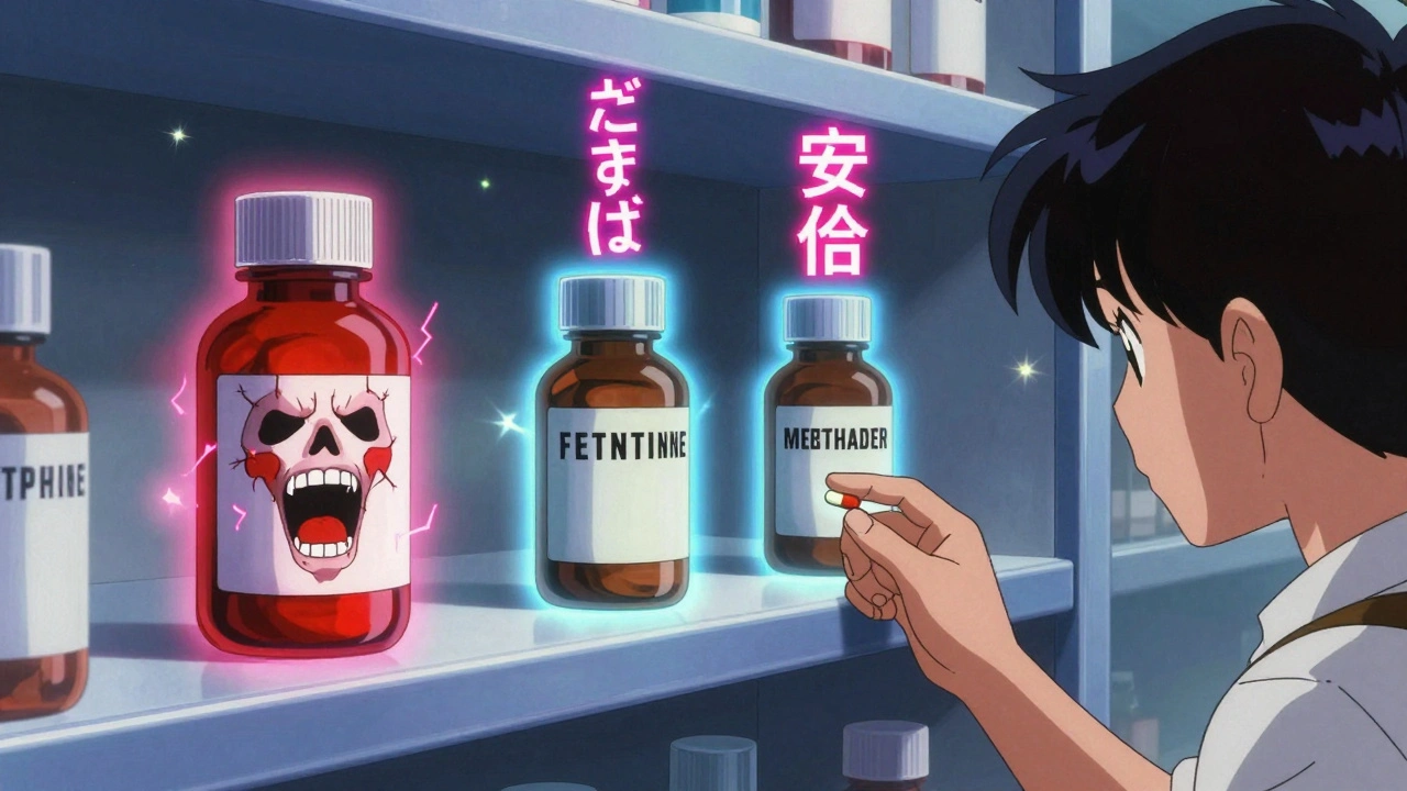 Opioid bottles with glowing auras showing morphine dangerous, fentanyl safe in anime style