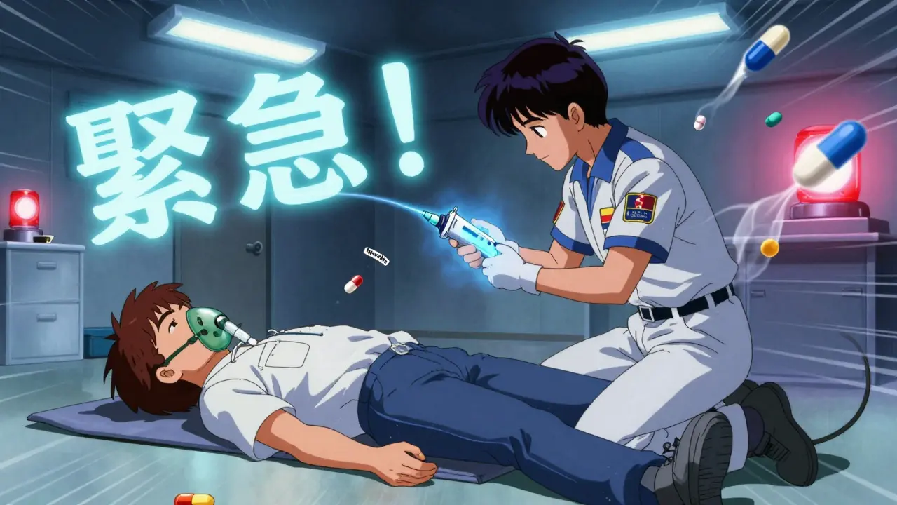 Paramedic giving epinephrine to a flat-laying patient with oxygen mask, emergency lights illuminating the scene.