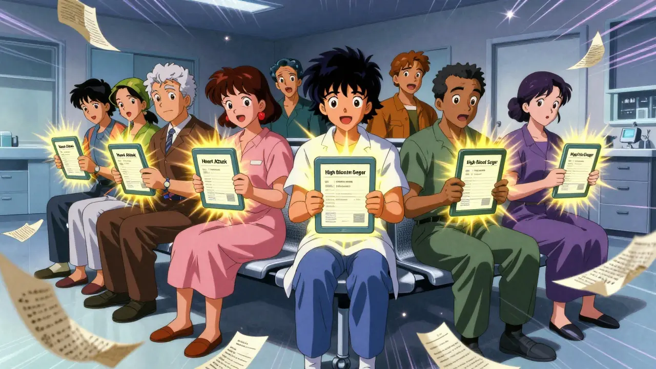 Patients hold tablets showing plain-language health terms as outdated charts dissolve into pixels.