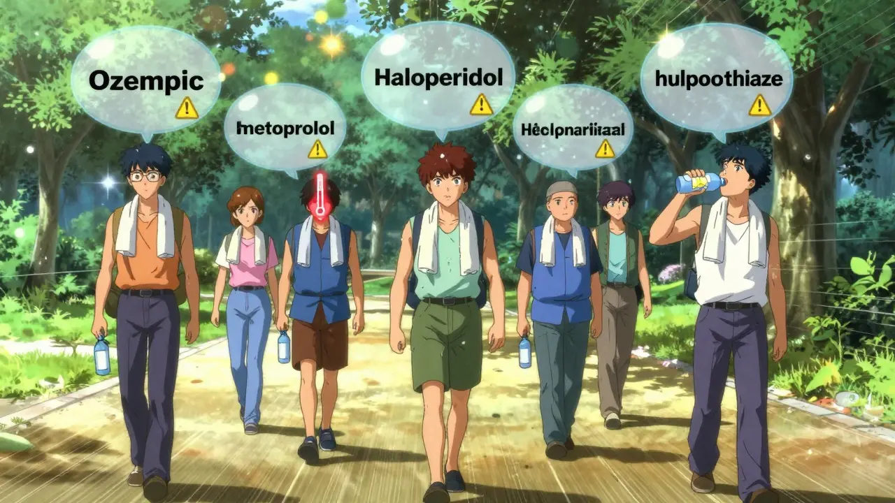 People in cooling gear walking through park, medication thought bubbles above heads, heat haze and glowing thermometers, 80s anime style.