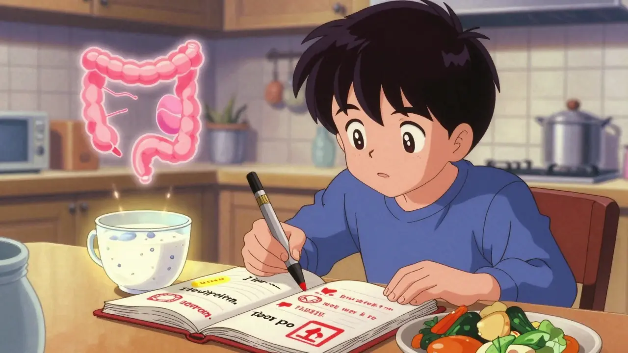 Person journaling food triggers with healing foods nearby, glowing icons, 80s anime style