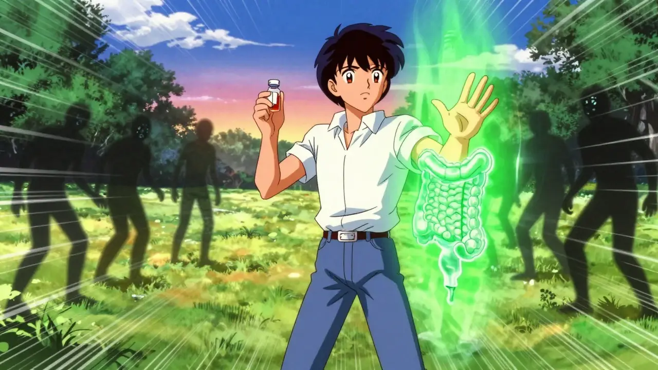 Person standing in park with healing colon portal, fading fears, 80s anime style