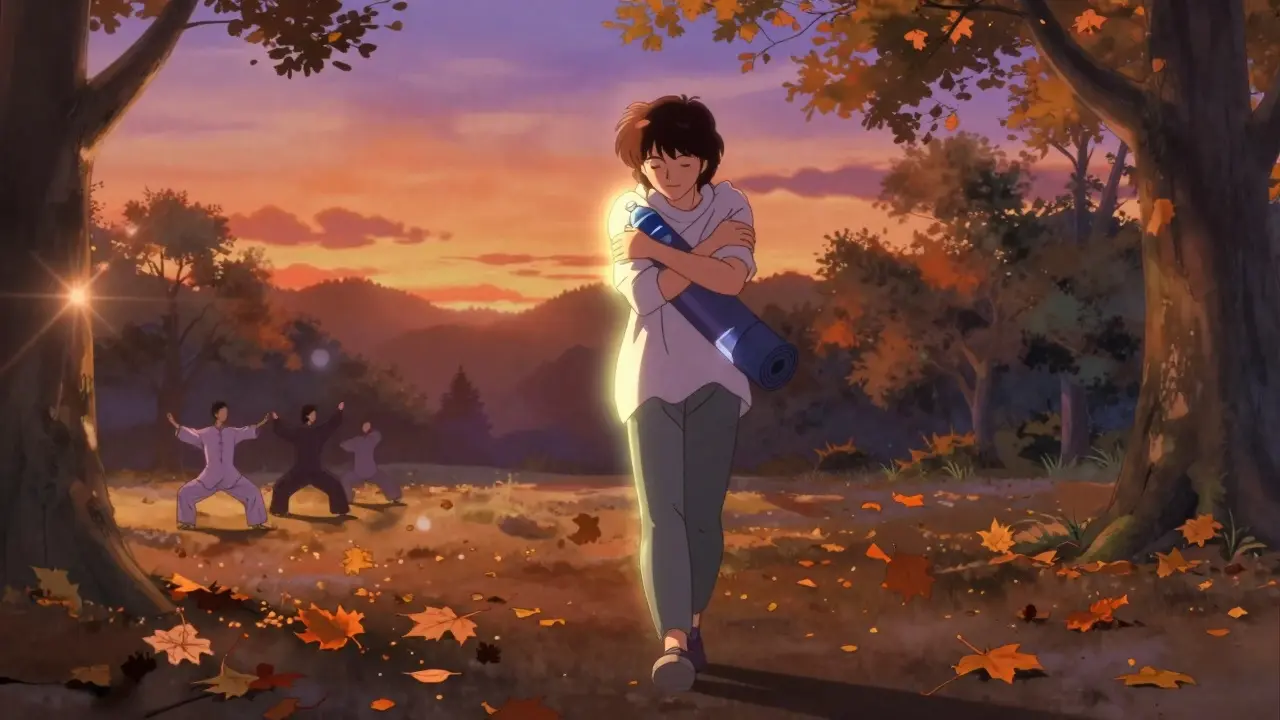 Person walking in a quiet park at sunset, surrounded by autumn leaves, symbolizing healing and resilience.