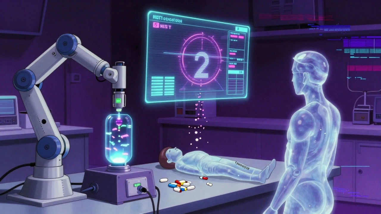 Robotic arms calibrating lab equipment with holographic f2 calculator and drug particles flowing into a patient.