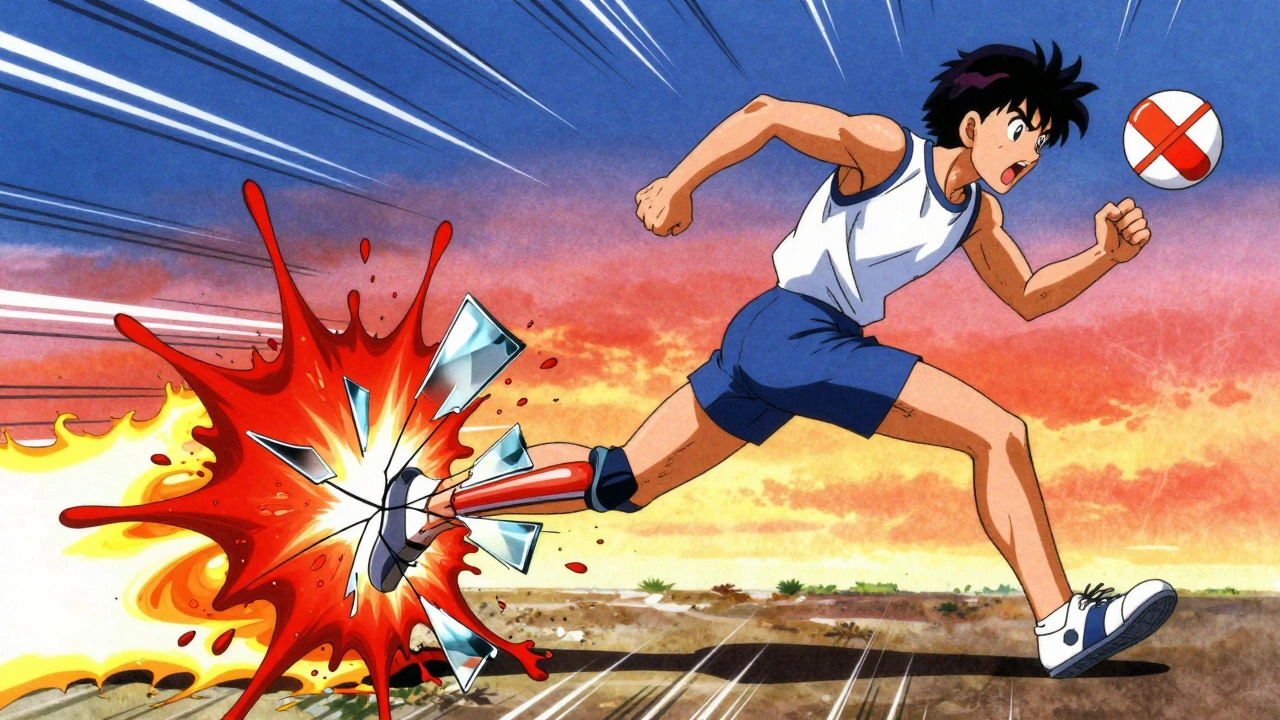 Runner collapsing with ruptured Achilles tendon, dramatic shockwave and blood effects.