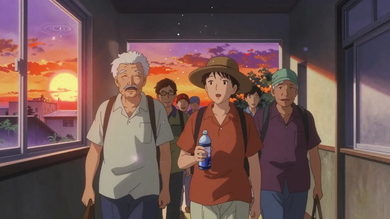 Seniors walking safely in a shaded center while heat distorts the window view outside.