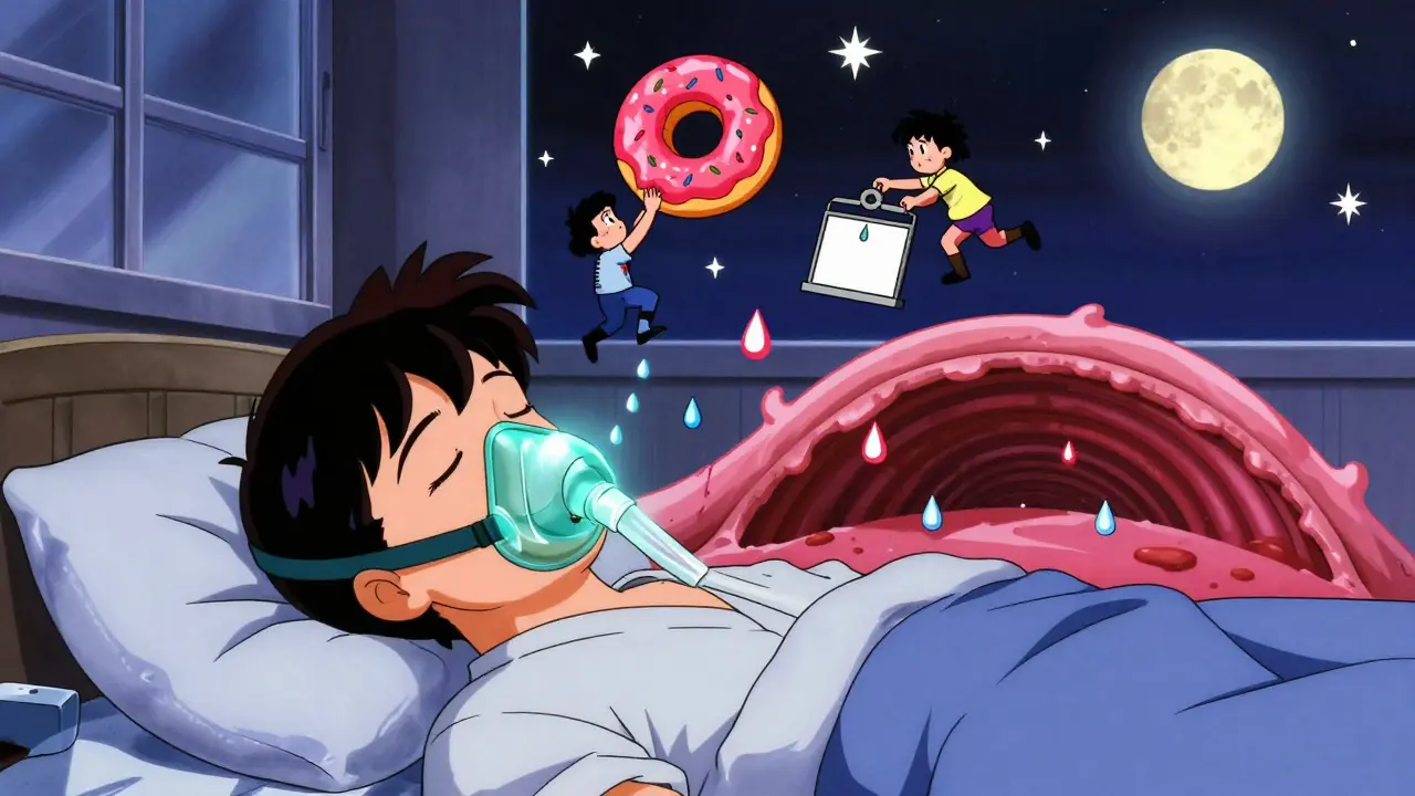 Sleeping person with CPAP mask, surreal battle between hunger and fullness hormones above them.