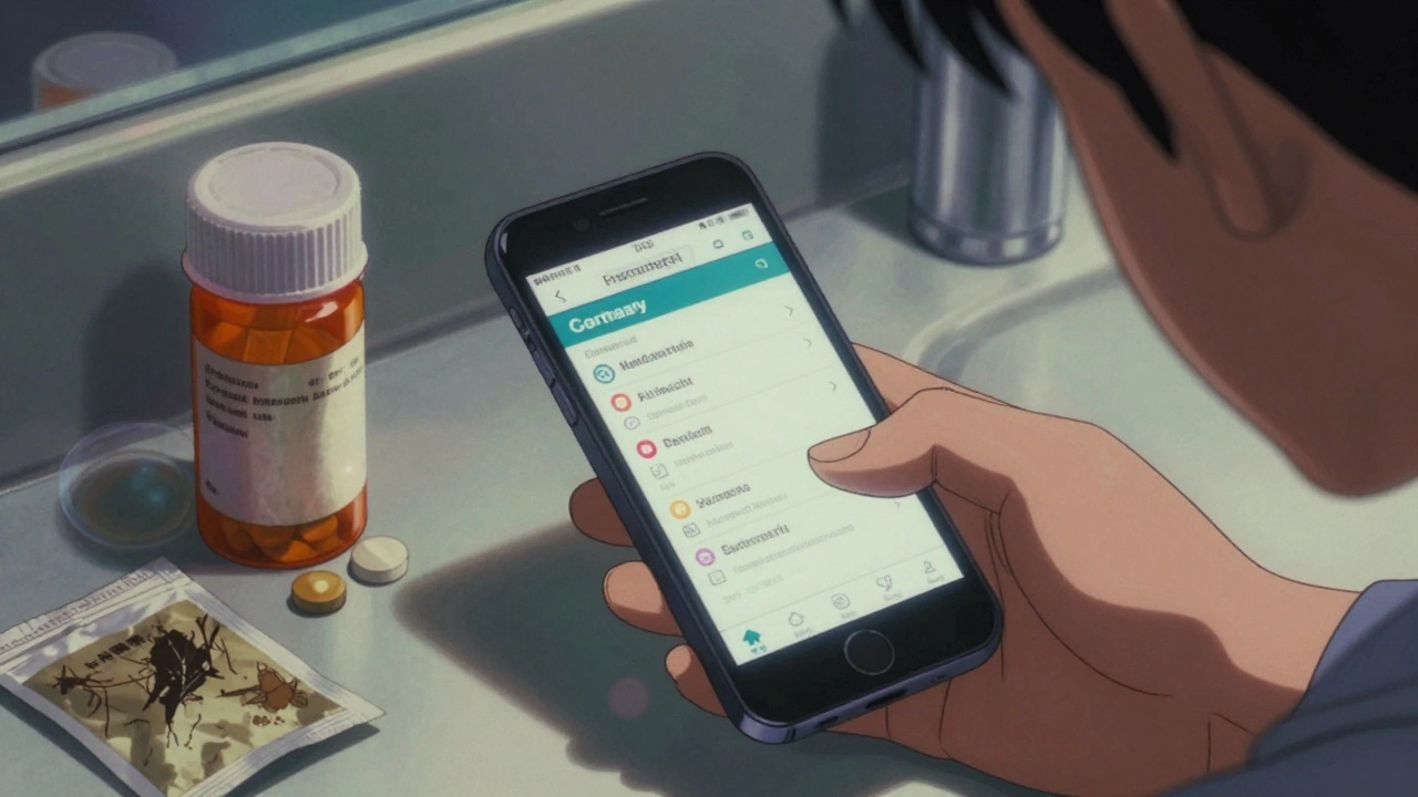Smartphone showing a pharmacy app next to expired and opened pill bottles.