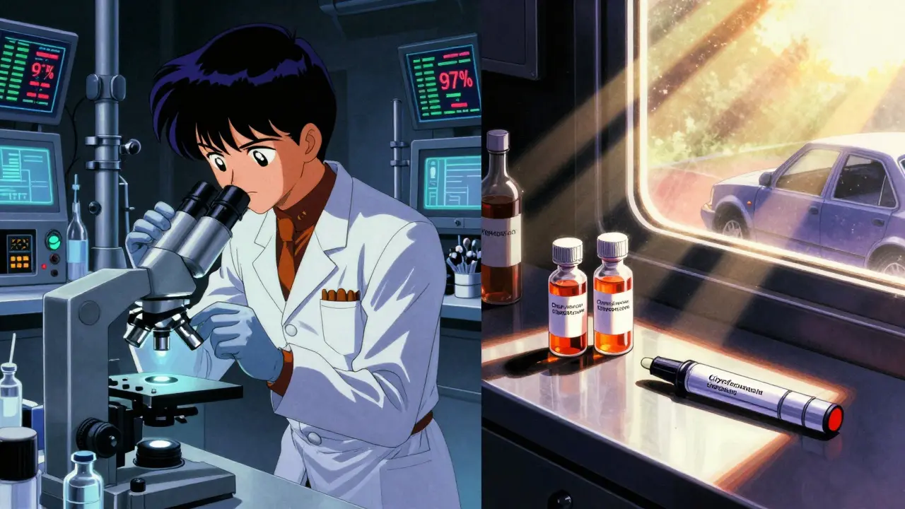 Split scene: military lab testing old antibiotics vs. insulin in a hot car window.