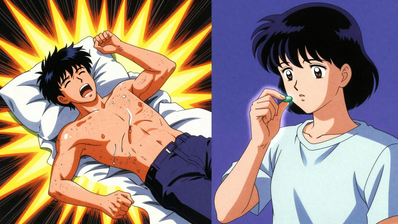 Split scene: one person having allergic reaction, another taking pill calmly.