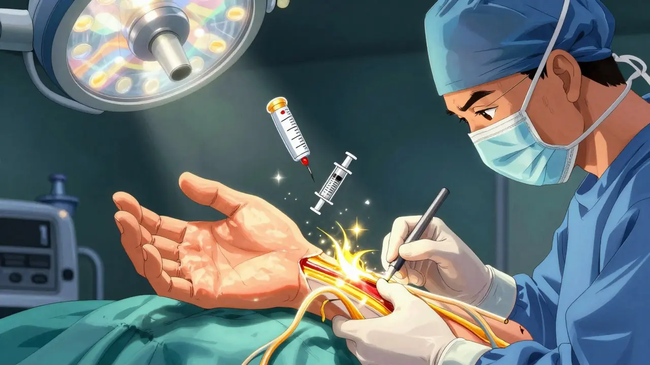 Surgeon cutting the ligament in carpal tunnel surgery, with glowing nerve and energy flowing out.