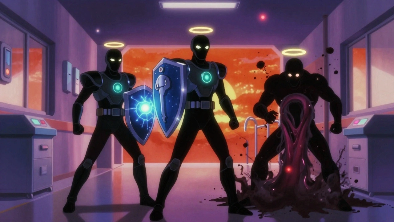 Three glowing warrior figures representing potassium, magnesium, and phosphate in ICU corridor