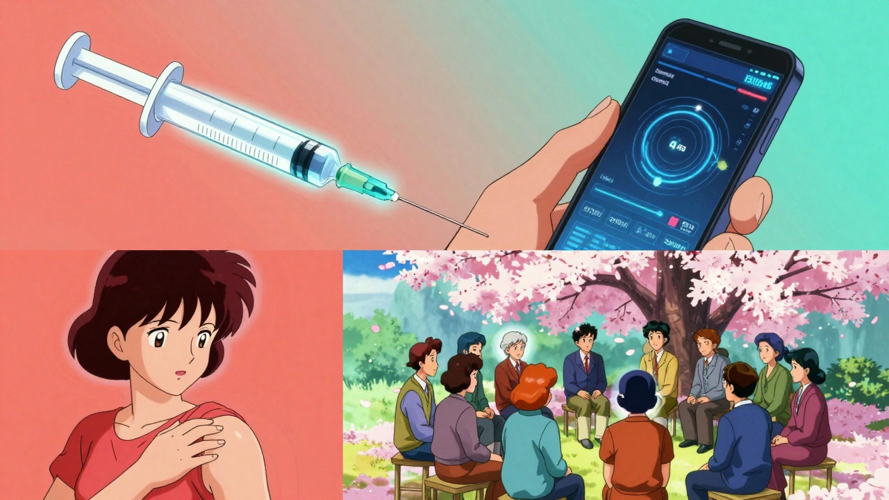 Three scenes: a glowing injection, predictive phone data, and a group sharing under a cherry blossom tree.