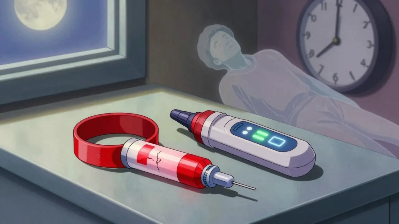 Two epinephrine auto-injectors beside a medical alert bracelet, one expired, one new with glowing prompts.