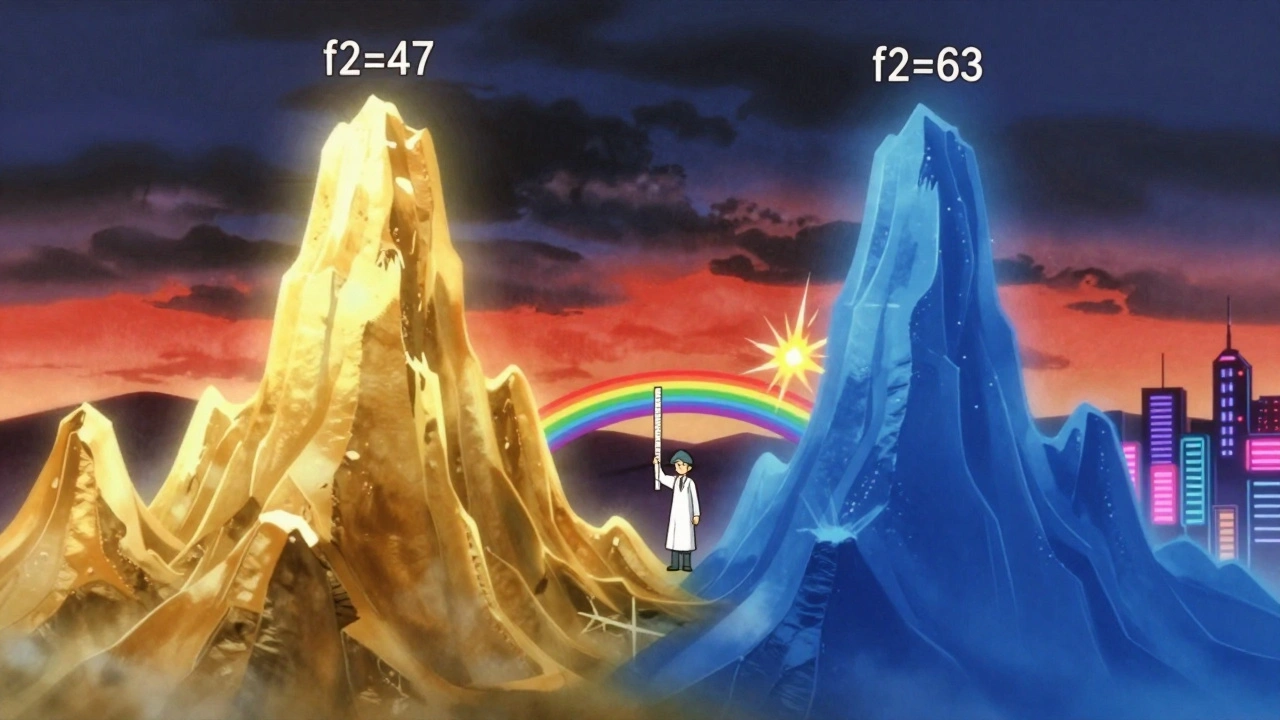 Two glowing dissolution curves compared like mountains, with a scientist measuring their similarity.