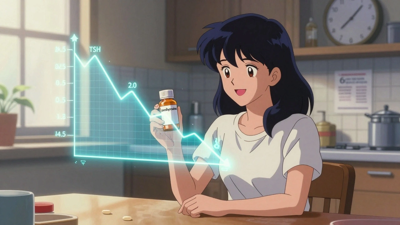 Woman taking levothyroxine with a glowing TSH graph rising around her in 80s anime style.