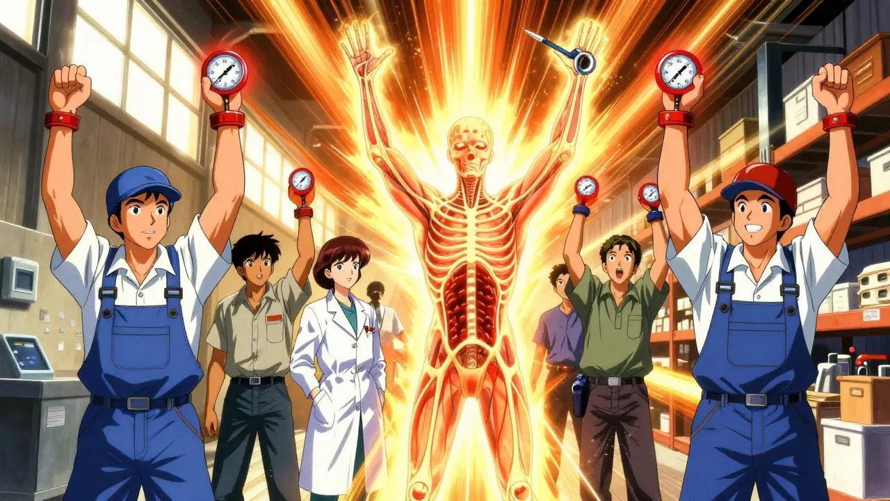 Workers with high wrist pressure seeing a freed nerve as they use ergonomic tools and stretch.