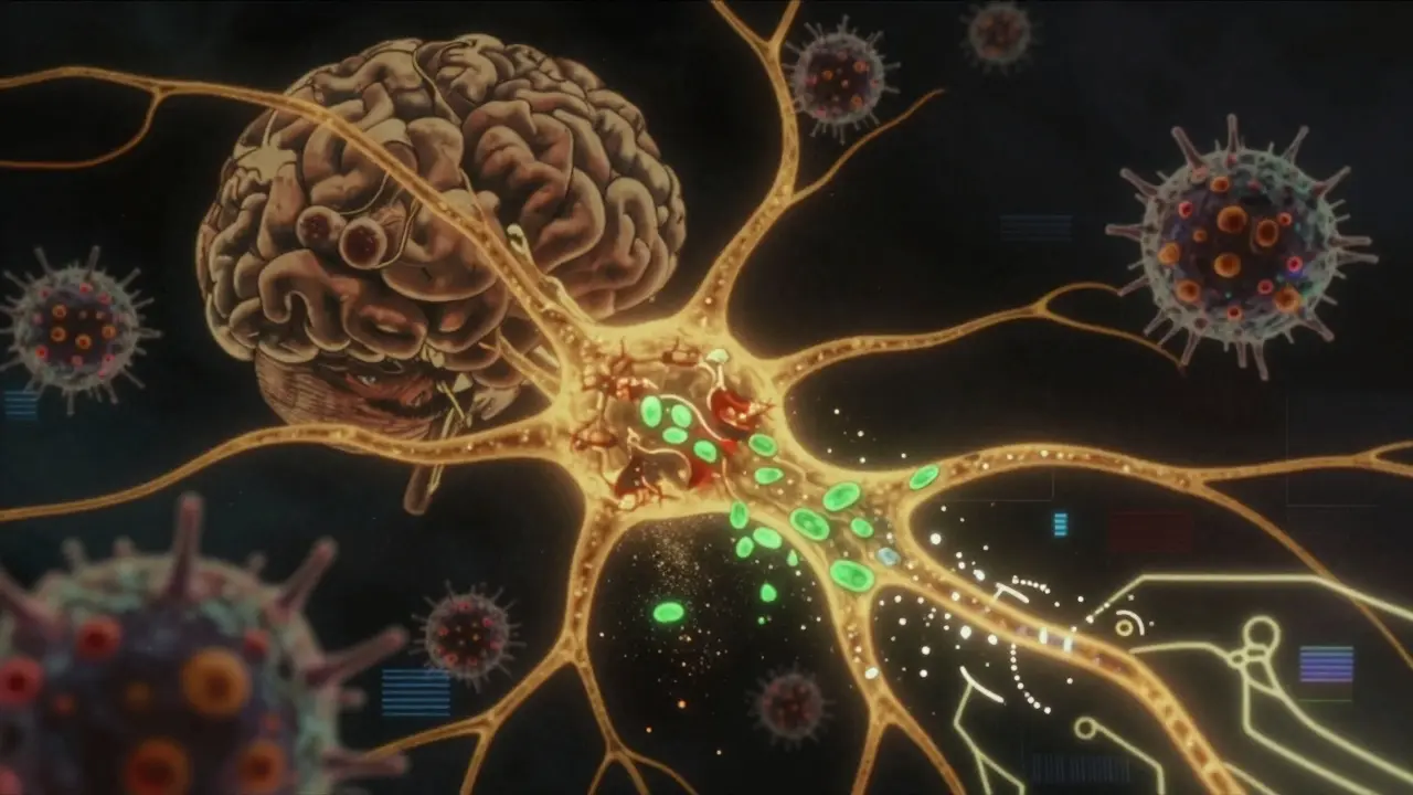 A damaged neuron with failing mitochondria and shadowy immune clusters draining its energy in a dark neural space.