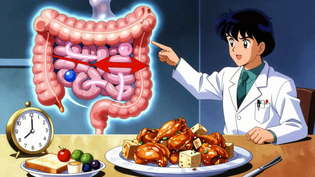 A gut diagram shows amino acids and medication competing for absorption, with dinner and breakfast contrasted.