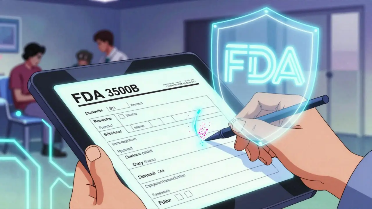 A hand filling out a digital MedWatch form with glowing particles rising from each entry in 80s anime style.