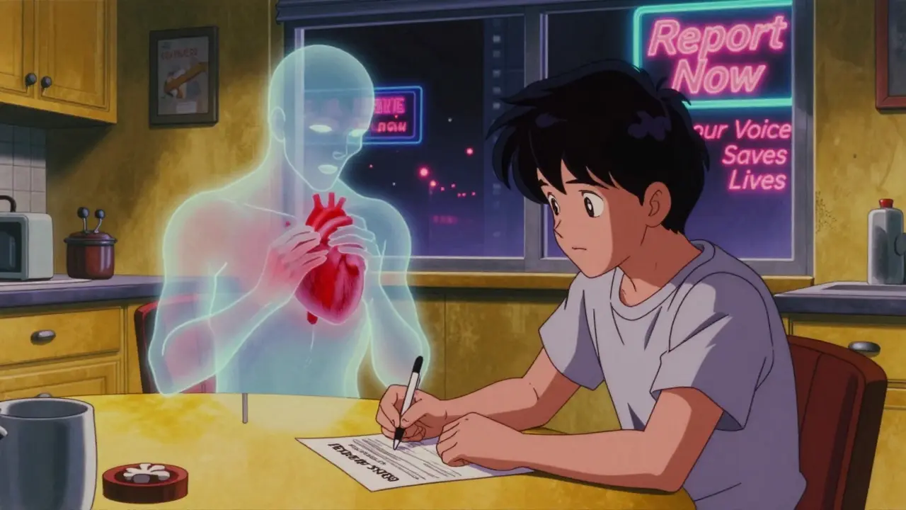 A person filling out a MedWatch form with floating symptoms beside them in retro anime style.