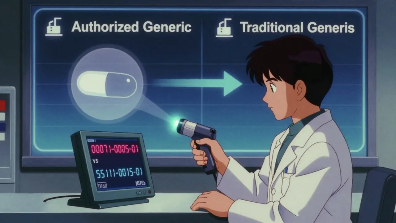A pharmacist scanning a prescription label with a glowing device showing NDC numbers on a screen.