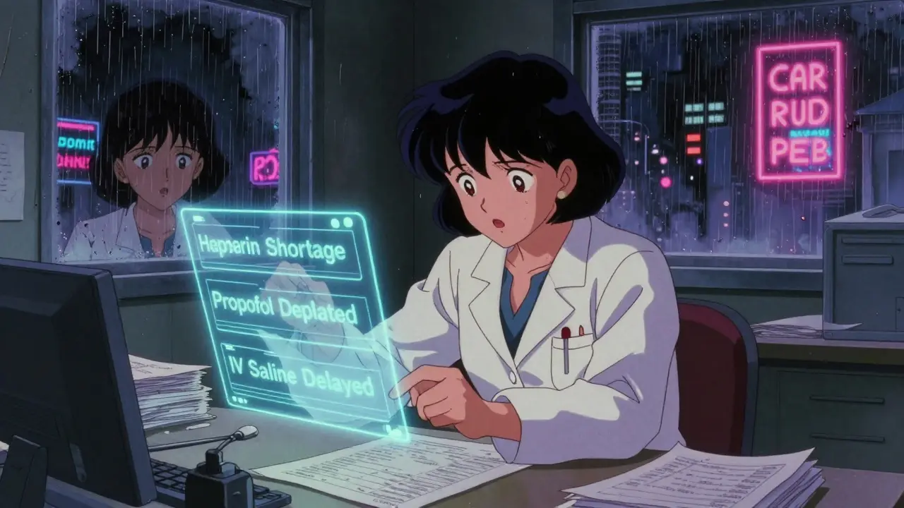 A pharmacist surrounded by shortage alerts in a cluttered room with neon city lights outside.