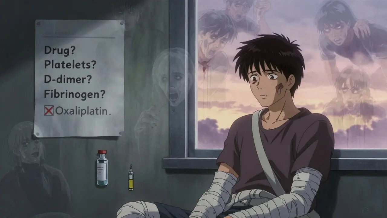 A survivor surrounded by ghostly images of past DIC events, a checklist on the wall, dawn light filtering in, 80s anime style.