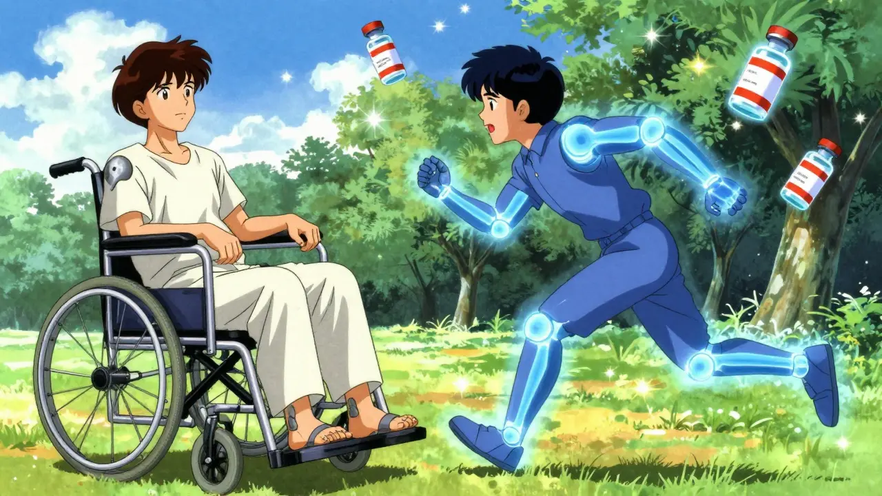 Before and after: patient goes from wheelchair to running, joints glowing with health, biosimilars shining like stars.