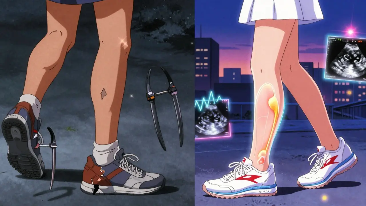 Contrasting images of runner with damaged shoes versus nurse in supportive footwear, with ultrasound waves showing healthy fascia.