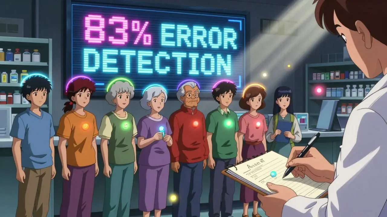 Diverse patients receive counseling with glowing medications, a digital screen showing high error detection rates behind them.