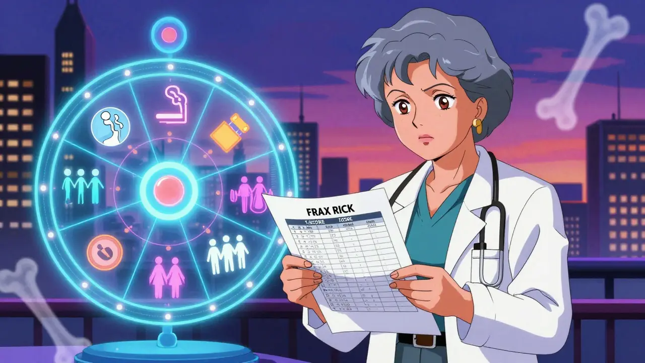 Elderly woman and doctor reviewing T-score and Z-score with FRAX risk calculator hologram in 80s anime style.