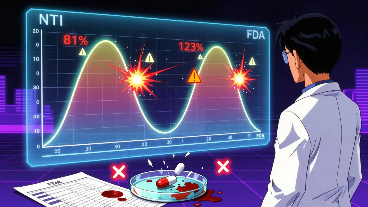 FDA scientist facing a collapsing bioequivalence graph with shattered generic pill in neon lab setting.