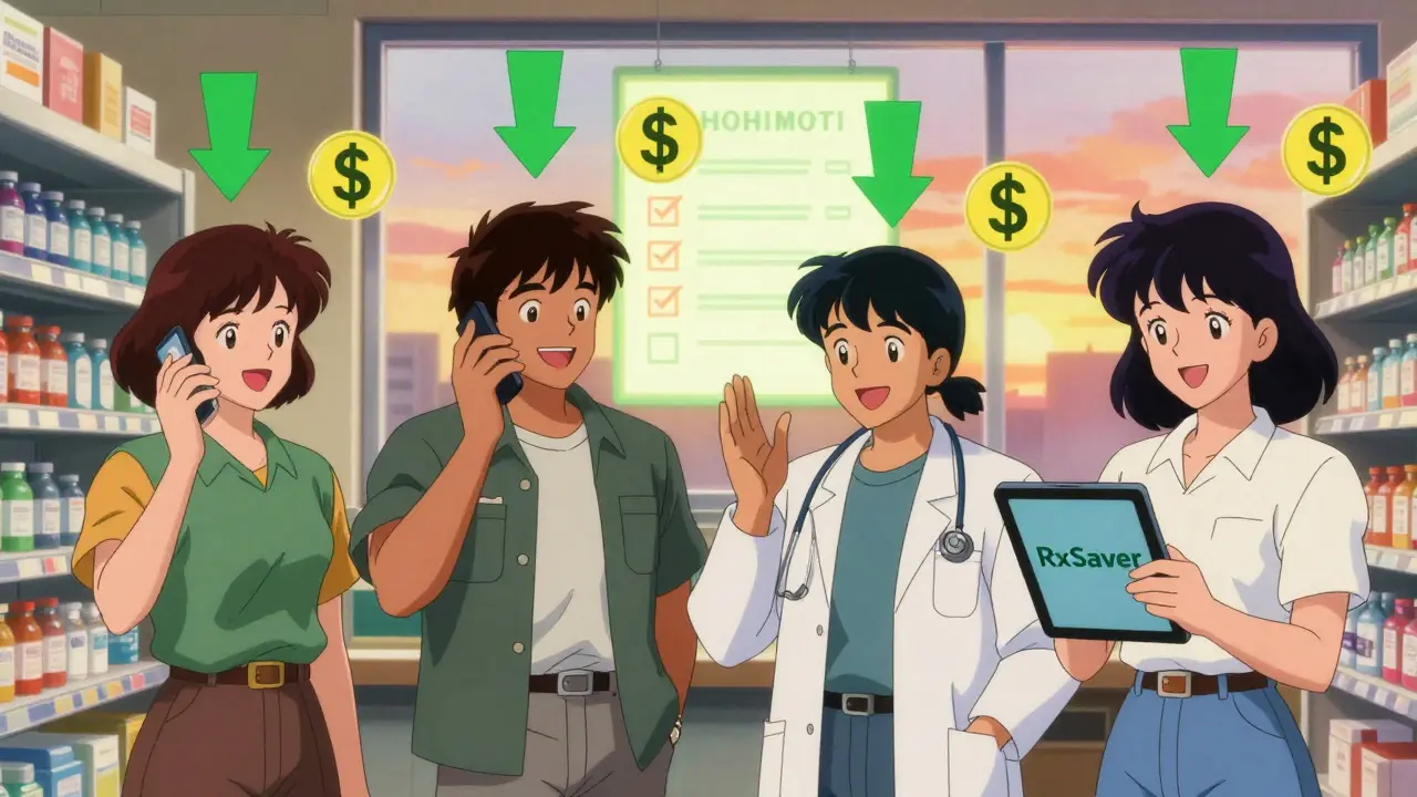 Four people saving money on medications through different smart shopping methods.