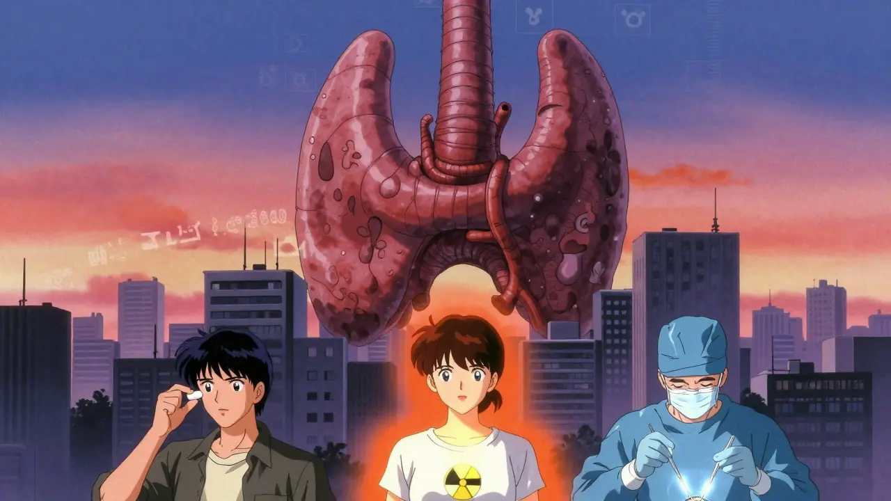 Giant thyroid monster pressing on city, three treatment paths below with glowing symbols.